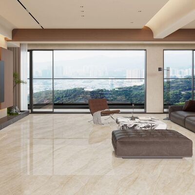 Carrelage en porcelaine aspect marbre beige de style moderne avec un taux d'absorption inférieur à 0,2 % et résistance au gel pour les zones à fort passage.