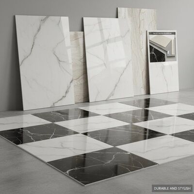 Carrelage en porcelaine aspect marbre, finition lisse, légèrement texturée. Méthode d'installation : mortier-colle ou adhésif. Durable et élégant